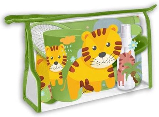Trousse de toilette Enfants Jungle - Tigre, Lion, Éléphant - Avec brosse et serviette (dans la Jungle