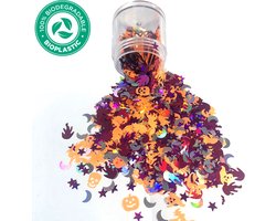 Halloween Decoratie Chunky Glitters (Figuurtjes Paars/Oranje) (Volume 8g) (Halloween outfit versiering kostuum voor kinderen volwassenen - lichaamswond schotwond hechting scar heks bloed zombie wond mes spin clown - Biologisch Afbreekbaar Eco)