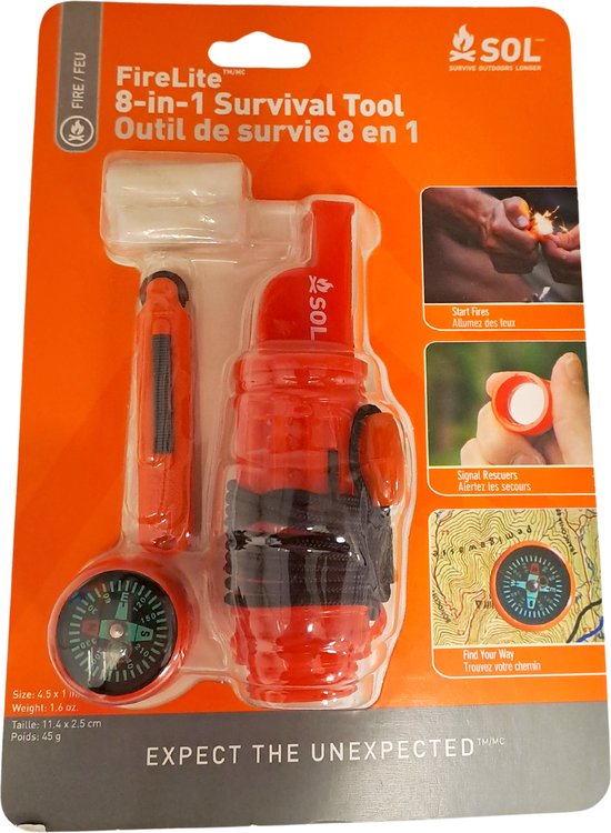 Sol Rescue Kit SOL Preppers 8 in 1 Rescue Survival Tool Kit Vuurstarter Tondel Kompas ...