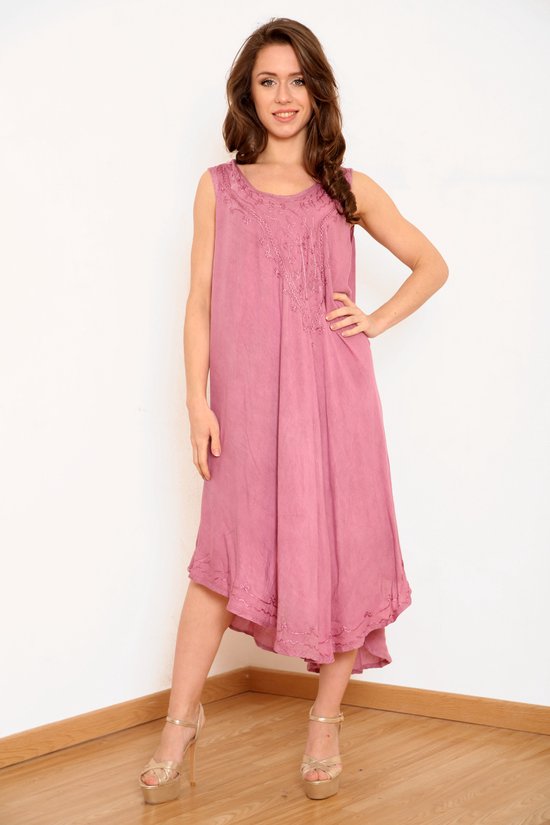 Lange dames jurk Pepita effen roze mouwloos strandjurk beachwear bohemian ibiza style XL/XXL