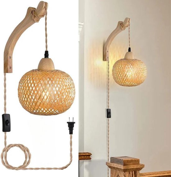 Lichtendirect – Bamboe- Wandlamp voor binnen – Muurlamp- aan/uit schakelaar - wandlamp met snoer - netstroom- bedlamp - slaapkamer lamp- woonkamerlamp