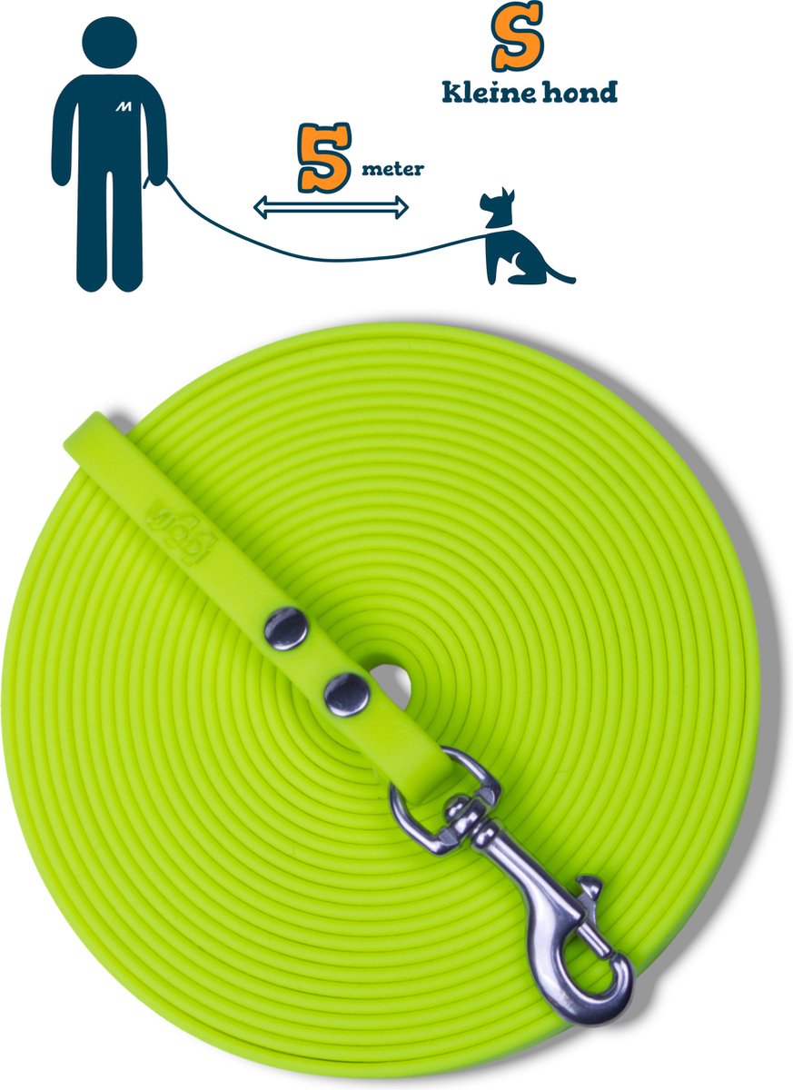 Miqdi BioThane® Sleeplijn 5 meter – zonder handvat – S (9 mm) – neon geel – waterdicht & sterk