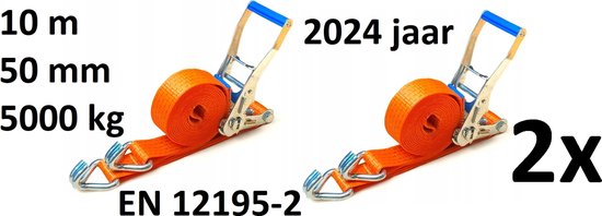 Foto: 2 xcomplete transportband spanband met ratel totale lengte 10 meter breedte 50 mm lengte riem 9 5 m lengte spanner 0 5 m norm en 12195 2 sterkte 5000 kg oranje kleur productiedatum 2024 gs markering door het t v rheinland laboratorium