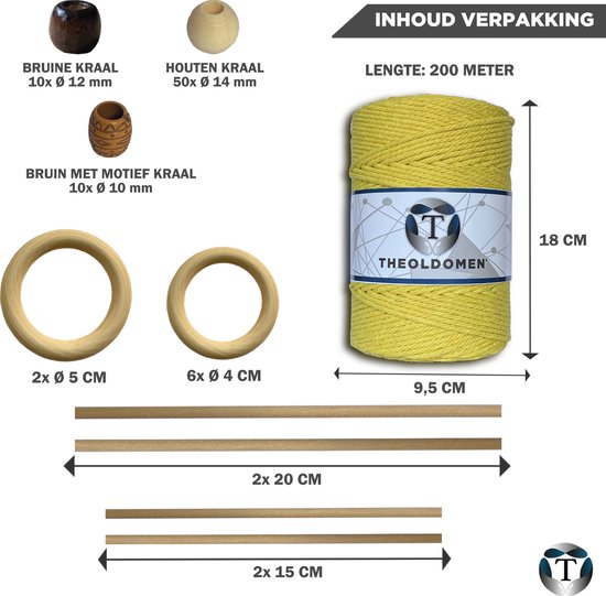 Macramé Pakket | 200 METER | Incl. Handleiding | Lemon Yellow | Starter Set | Ringen | Kralen |Stokken | Macramé Touw | 3mm | 100% Katoen | Macramé | Decoratie | DIY |Doe Het Zelf |Wandkleed | Dromenvanger | Plantenhanger | Tassen | TheOldOmen |