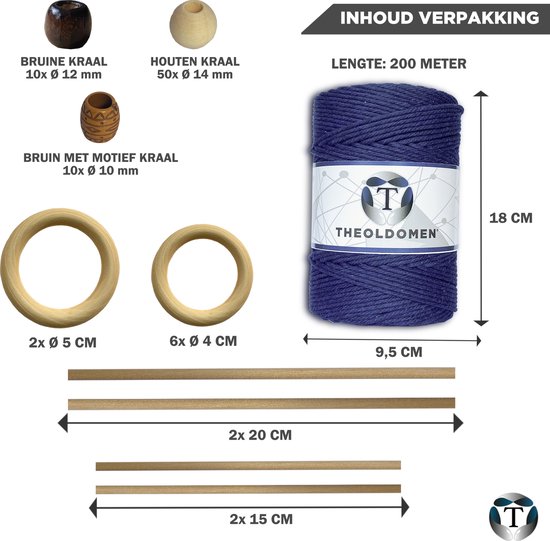 Macramé Pakket | 200 METER | Incl. Handleiding | Navy Blue | Starter Set | Ringen | Kralen |Stokken | Macramé Touw | 3mm | 100% Katoen | Macramé | Decoratie | DIY | Doe Het Zelf | Wandkleed | Dromenvanger | Plantenhanger | Tassen | TheOldOmen |