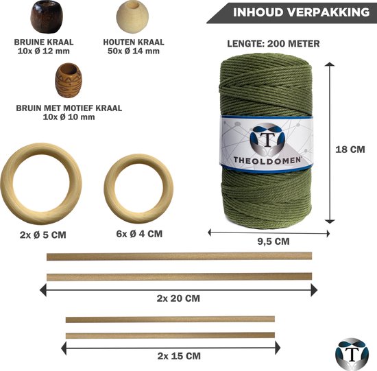 Macramé Pakket | 200 METER | Incl. Handleiding | Olijfgroen | Starter Set | Ringen | Kralen |Stokken | Macramé Touw | 3mm | 100% Katoen | Macramé | Decoratie | DIY | Doe Het Zelf | Wandkleed | Dromenvanger | Plantenhanger | Tassen | TheOldOmen |