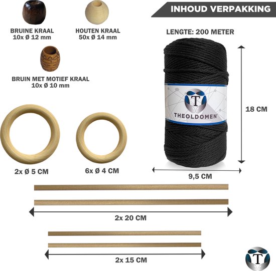 Macramé Pakket | 200 METER | Incl. Handleiding | Zwart | Starter Set | Ringen | Kralen |Stokken | Macramé Touw | 3mm | 100% Katoen | Macramé | Decoratie | DIY | Doe Het Zelf | Wandkleed | Dromenvanger | Plantenhanger | Tassen | TheOldOmen |