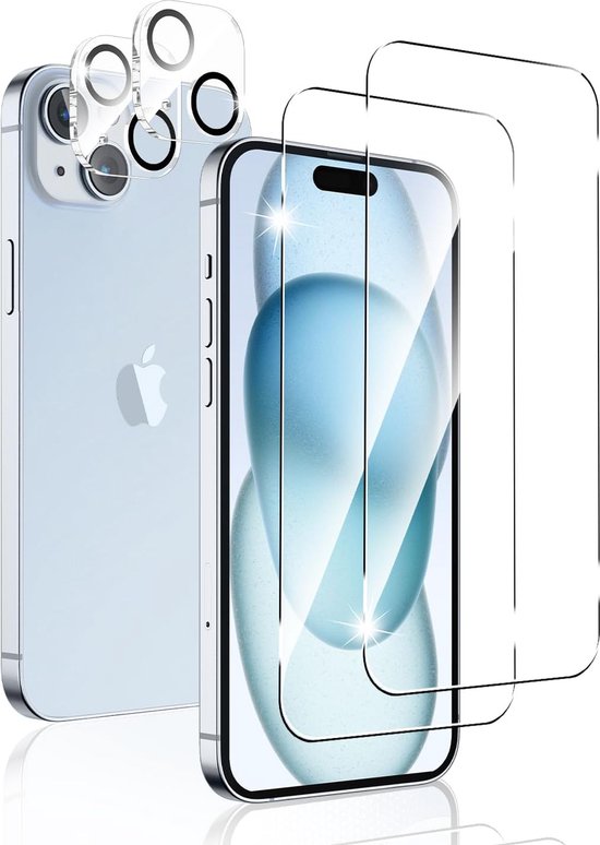 Plaque de verre Protecteur d'écran 2x et Protecteur lens d'appareil photo 2x / Protecteur d'écran en verre trempé Convient pour: iPhone 15 - Verre de protection - Transparent