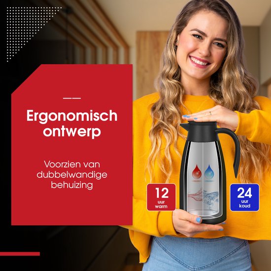 HGMD Bouteille isotherme - 2 Litres - Verseuse isotherme - Zwart - Café - Thee - Pour boissons chaudes et froides