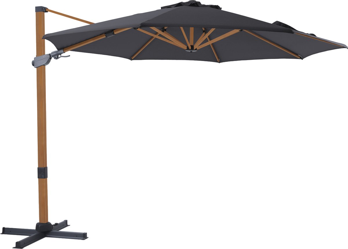 AXI Cyrus Premium Zweefparasol Rond Ø 300 cm in Hout Look / Grijs Ronde Parasol voor tuin met Aluminium Frame