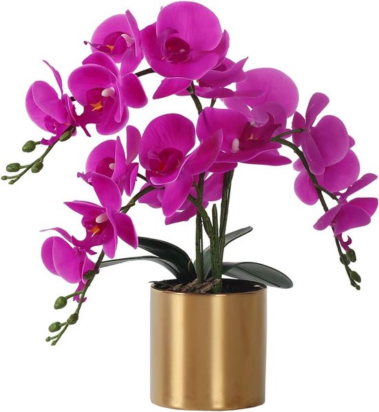 Luxiba - Kunstorchidee met vaas, witte orchidee Bonsai Kunstorchidee Phalaenopsis Plantpotarrangementen voor huisdecoratie (paarse, gouden vaas)
