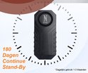 Zwart anti-diefstal alarm met N-logo, geplaatst binnen een cirkel met tijdmarkeringen, 180 dagen continue stand-by.
