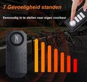 Zwart anti-diefstal alarm met N-logo, 7 gevoeligheidsstanden weergegeven als een staafdiagram.