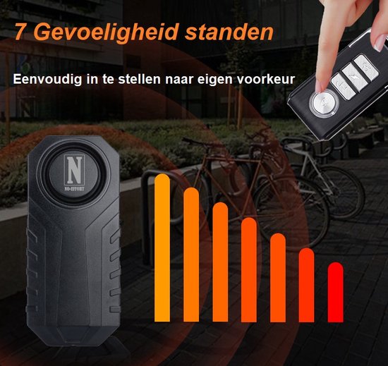 Zwart anti-diefstal alarm met N-logo, 7 gevoeligheidsstanden weergegeven als een staafdiagram.