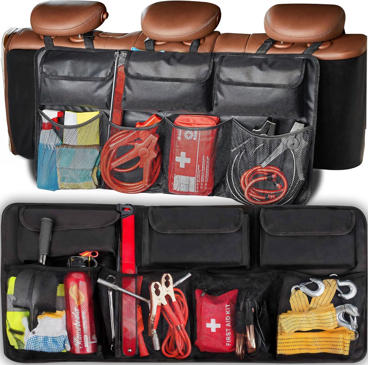 Kofferbakorganizer, autostoelorganizer, opbergtas, opbergzakken, 89,5 x 35 cm, hangende achterbankorganizer, kofferbaktas met scheidbare modules voor SUV, stationwagen, bus, zwart