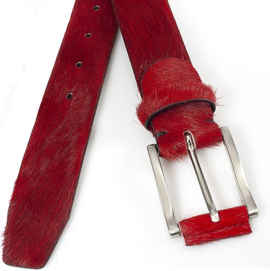 JV Belts Rode hair-on riem unisex - heren en dames riem - 3.5 cm breed - Rood - Echt Pony Skin - Taille: 120cm - Totale lengte riem: 135cm