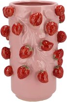 Viv! Home Luxuries vaas - Fruit - Aardbeien - Aardewerk - cilinder - roze rood - 31cm
