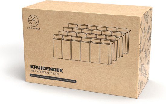 Kartonnen verpakking van het Organess kruidenrek met een afbeelding van 20 kruidenpotjes.