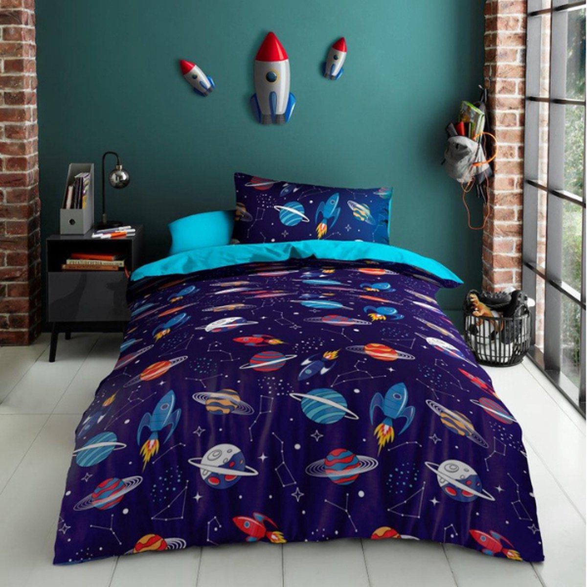 Dekbedovertrek Space Planeten - Eenpersoons - Ruimte dekbed - Geschikt voor 140 x 200 cm. - Blauw