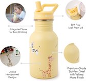 J.Børn Kinderen Roestvrijstalen Lichtgewicht Waterfles met Rietje voor School 350ml (Safari) - Niet-geïsoleerde, Enkelwandige Eco-fles