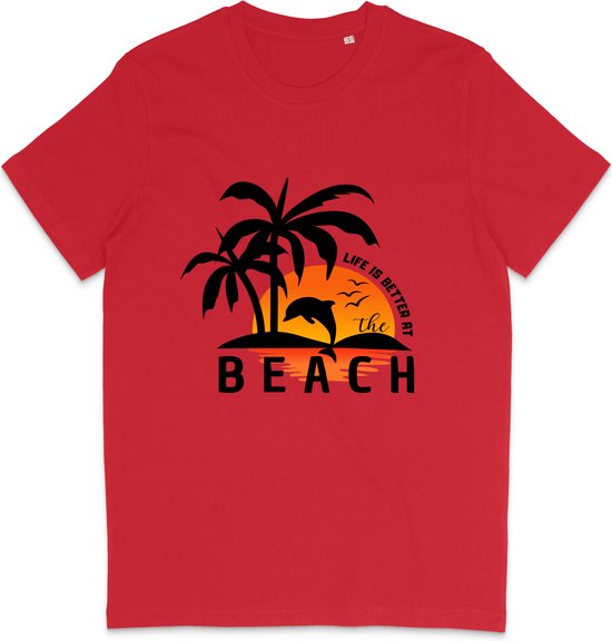 T Shirt Heren en Dames - Life is Better at the Beach - Rood - L