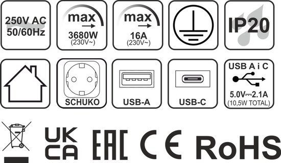 Pictogrammen: 250V AC 50/60Hz, max 3680W, max 16A, aarding, IP20, woning, Schuko, USB-A, USB-C, 5.0V-2.1A, UKCA, EAC, CE, RoHS.