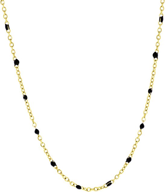 Gouden ketting met kleine zwarte kraaltjes, op een witte achtergrond.