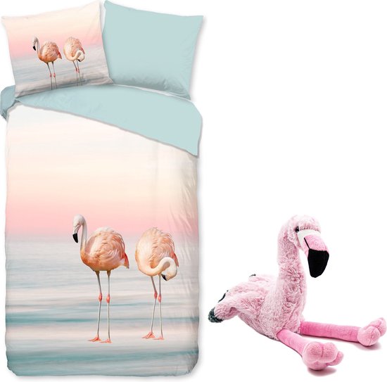 Dekbedovertrek Flamingo - 1 persoons - 140x200/220 cm - 100% microvezel - inclusief pluche knuffel