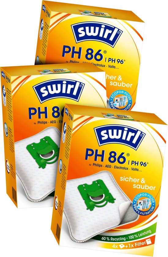 3-pack Swirl PH86 PH96 stofzuigerzakken - 12 stuks + 3 filters - Geschikt voor Philips AEG Electrolux S-Bag - nr. FC8021/03 - FC8021/05 - GR201S - GR201SM