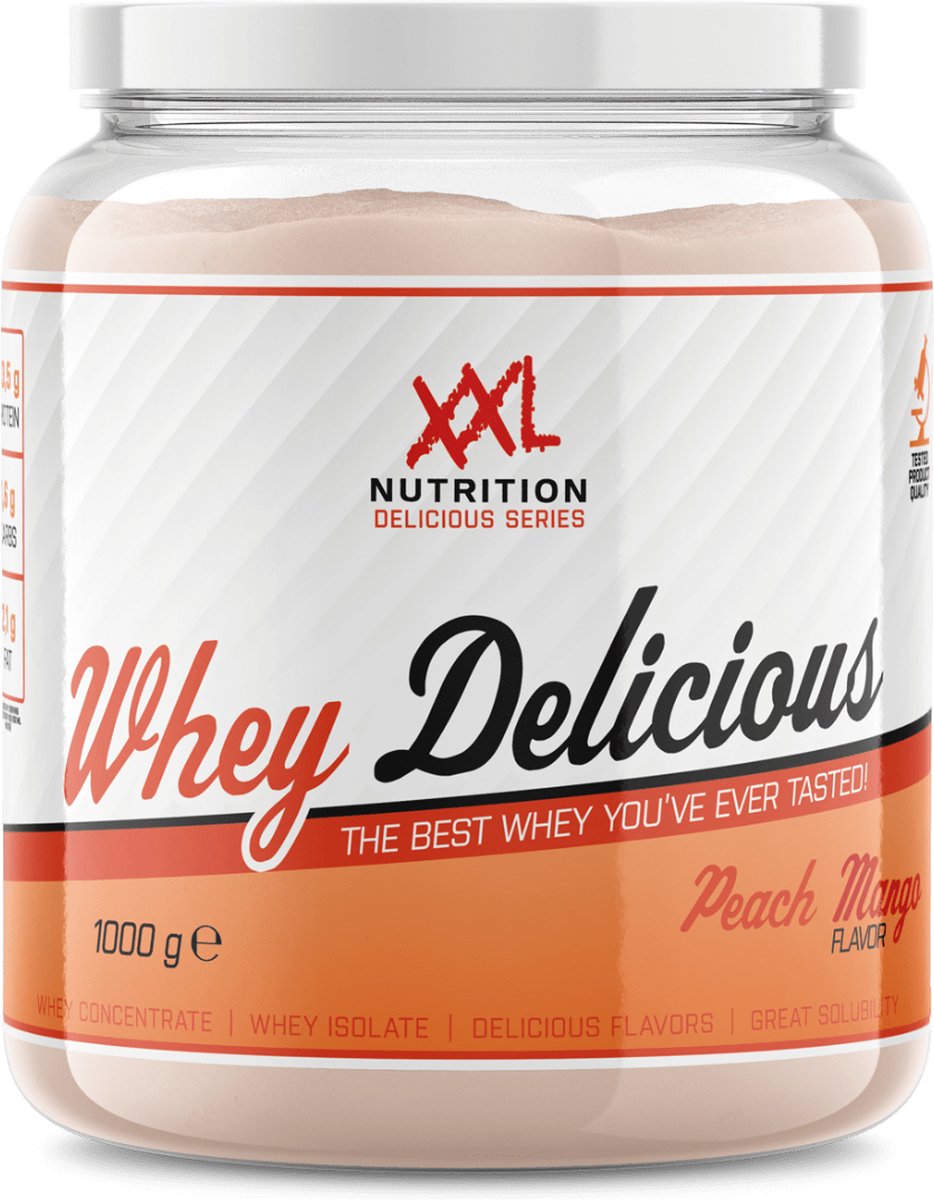 Goedkoopste XXL Nutrition - Whey Delicious - 80 Eiwit - Perzik Mango - Wei Eiwitpoeder met BCAA & Glutamine, Proteine Poeder, Eiwit shake, Whey Protein - Diverse Smaken - 1000 gram (33 shakes
