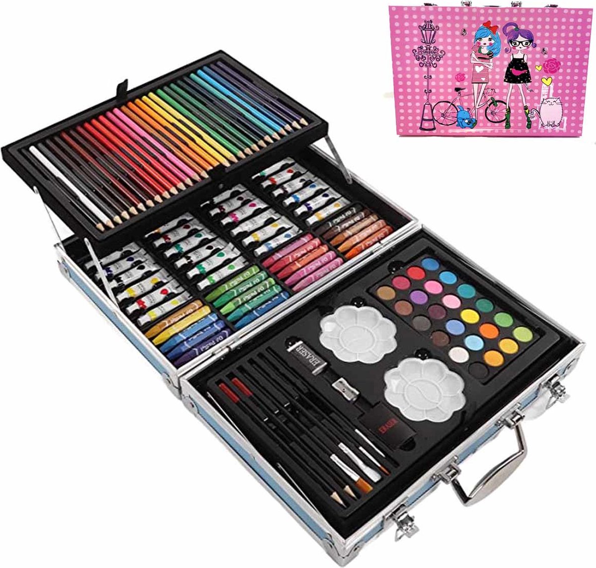 Tekenkoffer Set-Tekenset-Art Tekendoos-Kleurkoffer voor kinderen-knutselpakketten-schilderskoffer-200-Delige Tekenpakketten/ Schilderset -ROZE Meisje-Aquarel-Verf,Krijt,Stiften,Waskrijt,Oliepastels,Kleurpotloden en Toebeho+ potlood- en gumset — afbeelding 11