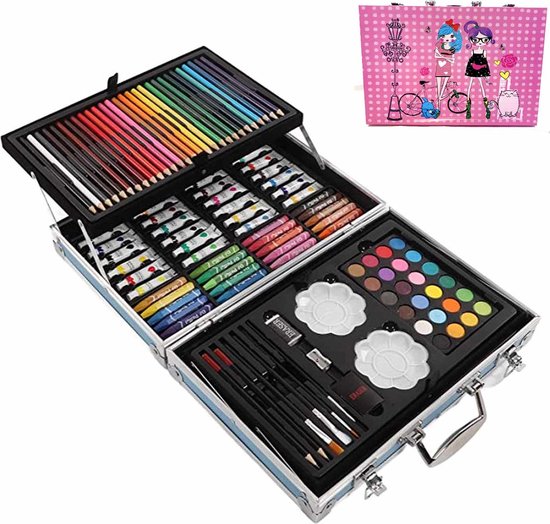 Tekenkoffer Set-Tekenset-Art Tekendoos-Kleurkoffer voor kinderen-knutselpakketten-schilderskoffer-200-Delige Tekenpakketten/ Schilderset -ROZE Meisje-Aquarel-Verf,Krijt,Stiften,Waskrijt,Oliepastels,Kleurpotloden en Toebeho+ potlood- en gumset