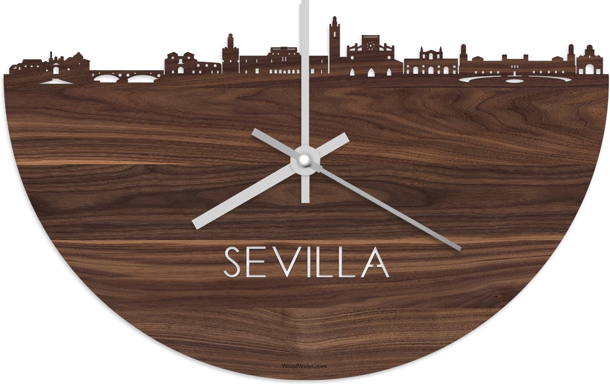 Skyline Klok Sevilla Notenhout - Ø 40 cm - Stil uurwerk - Wanddecoratie - Meer steden beschikbaar - Woonkamer idee - Woondecoratie - City Art - Steden kunst - Cadeau voor hem - Cadeau voor haar - Jubileum - Trouwerij - Housewarming - WoodWideCities