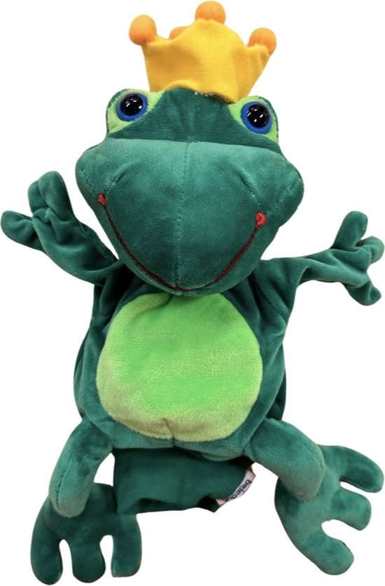 Zachte, groene handpop kikker met een gele kroon op zijn hoofd en grote blauwe ogen.