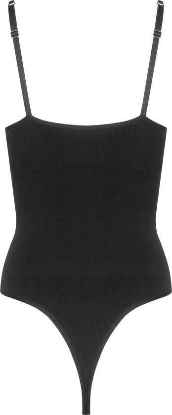 Zwarte body met vierkante hals en smalle bandjes.