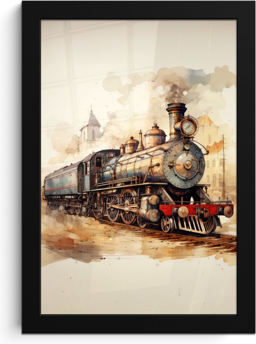 FrameYourWall Poster in lijst - Fotolijst 20x30 cm - Posters - Vintage - Trein - Spoor - Gebouw - Beige - Posterlijst zwart - Decoratie - Wanddecoratie woonkamer - Muurdecoratie slaapkamer Stoomtrein