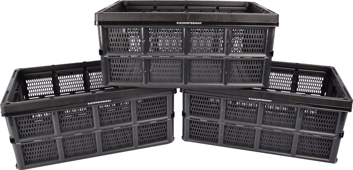 Set van 3 Zwarte Vouwkratten 32 Liter - Handige Opvouwbare Kratten voor Kamperen, Huishouden en Klussen - Compact met Handgrepen - 50x21x33 cm