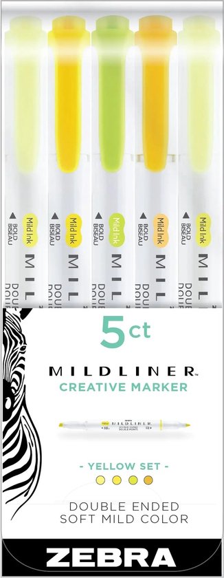 Zebra Mildliner 5-delige set met gele markers. Dubbelzijdige stiften met gele, lichtgroene en crèmekleurige doppen.