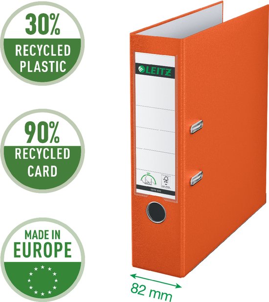 Leitz 180° Ordner - 90% gerecycled karton - 30% pre-consumer gerecycled plastic - Rugbreedte van 82 mm - A4 - Oranje - Leitz