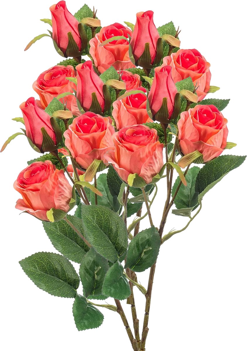 Emerald Kunstbloem Roos tak - 5x - 44 cm - koraal roze - Kunst zijdebloemen Koraalroze
