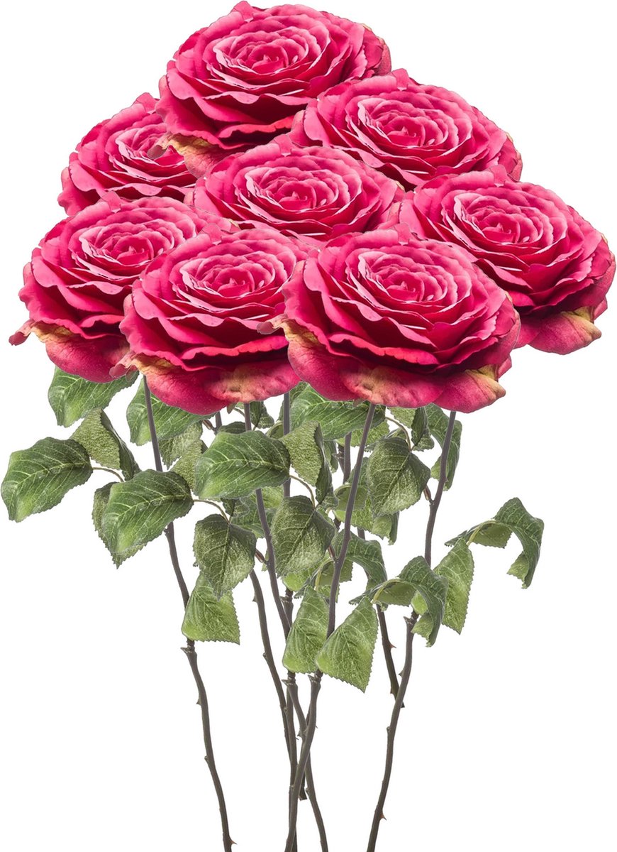 Emerald Kunstbloemen boeket Roos Laurie tak - 8x - 57 cm - fuchsia - Kunst zijdebloemen