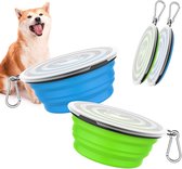 Bastix - Opvouwbare hondenbak, 2 stuks, 450 ml, draagbare siliconen, lekvrij, drinkbak met deksel en karabijnhaak voor honden, katten, wandelingen, onderweg, blauw + groen