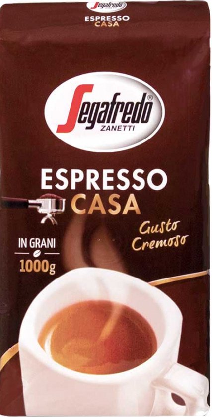 Bruine verpakking Segafredo Espresso Casa koffiebonen, 1000g. Met afbeelding van een kopje espresso.
