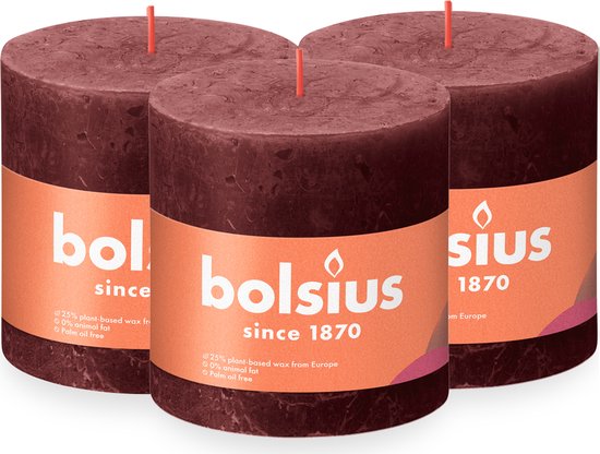 Bolsius - Rustieke Kaars - 3 Stuks - Bordeaux Rood - 10cm - 62 Branduren