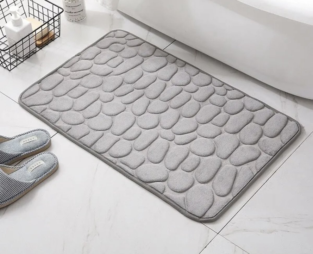 Grijze, zachte antislip badmat - met natuurlijk kiezelstenen patroon - sneldrogend - waterabsorberend - mat - vloerkleed - badkamer - woonkamer - living room - slaapkamer - grijs