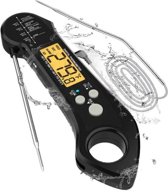 Zwarte digitale vleesthermometer met RVS probe en spiraalkabel, 279.8°F op het display.
