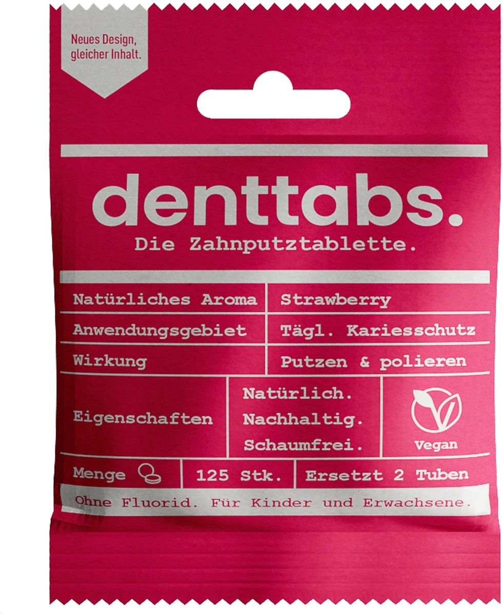 Denttabs tandpastatabletten met aardbeiensmaak - met fluor- 125 stuks - vegan - plasticvrij