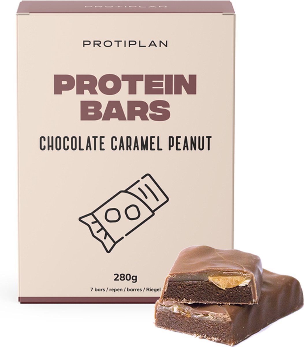 Goedkoopste Protiplan | Reep Chocolade Karamel Pinda | 7 x 40 gram | Eiwitrepen | Koolhydraatarme sportvoeding | Afslanken met Proteïne repen