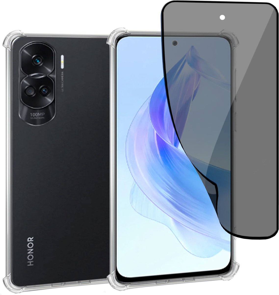 Geschikt voor Honor 90 Lite - Hoesje + Privacy Screenprotector – Privé - Gehard Glas Cover