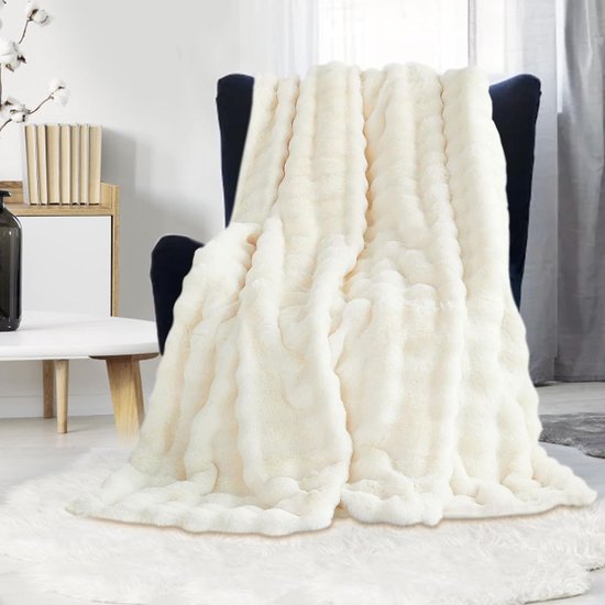 Luxe pluche deken - superzachte, gezellige pluizige deken, Imitatiebont, lichtgewicht dekens, warme bedspreien voor bank en bed (160 x 200 cm, wit)